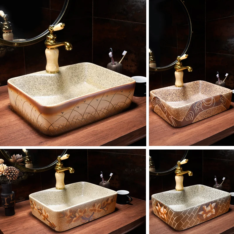 

Green Lotus Painting China Artistic Handmade Ceramic Bathroom Sinks Lavobo Round Counter top countertop basin