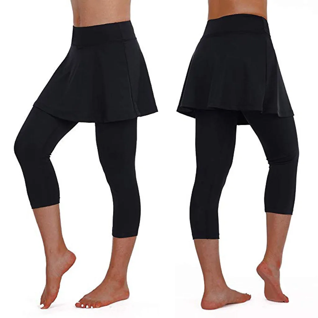 

Women's Thin Leggings Fitness Joggers Solid Skirts Pants Casual Skinny Footless Legging Female Pencil Pants Black Fake Two-piece