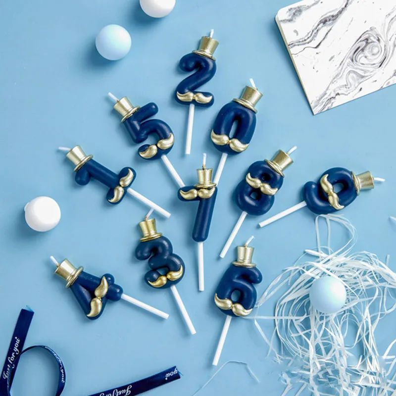 

Gold Beard Hat Blue Number Candles Cake Decoration Creative Smokeless Birthday Cake Candle Dessert Plugins Festival Supplies