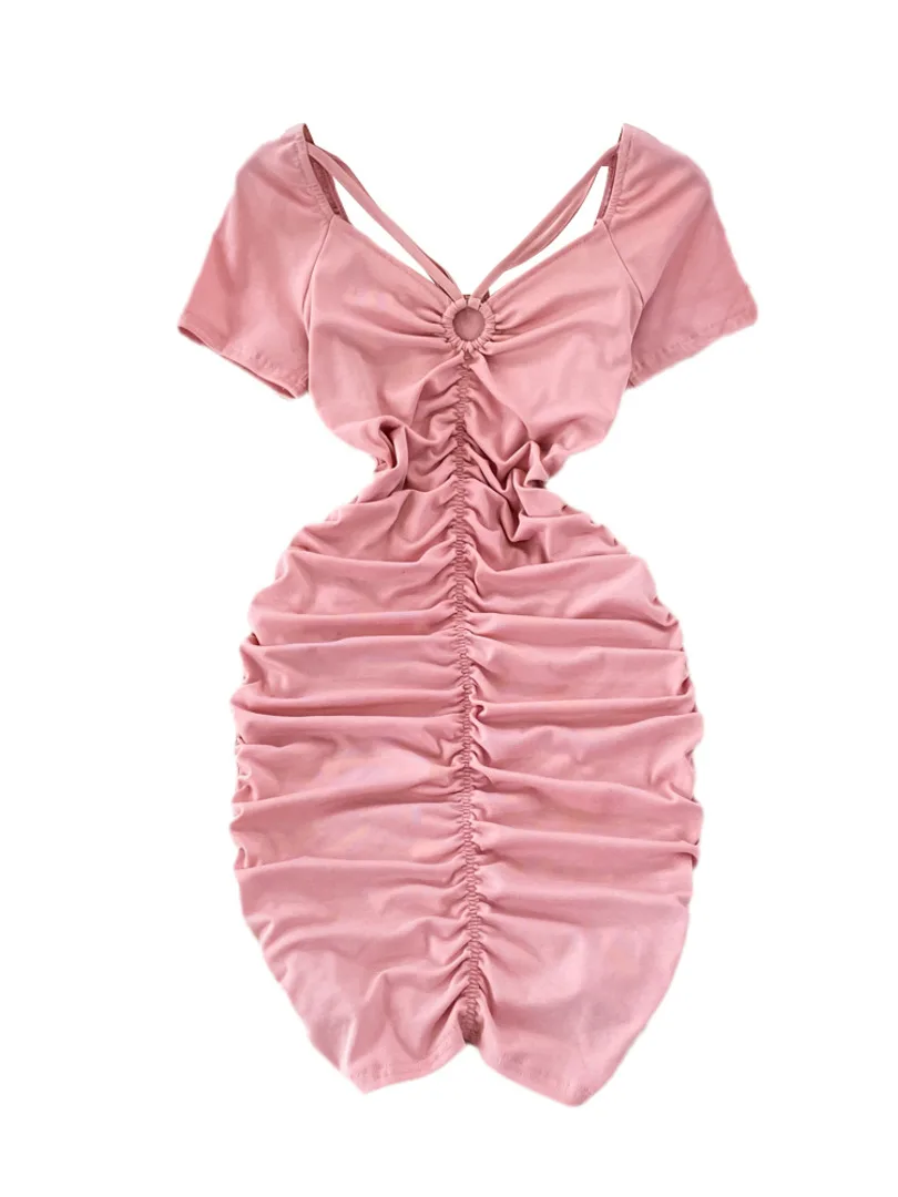 

Foamlina Summer Women Pink Bodycon Dress 2022 Fashion V-neck Short Sleeve High Waist Slim Ruched Stretch Club Party Mini Dress