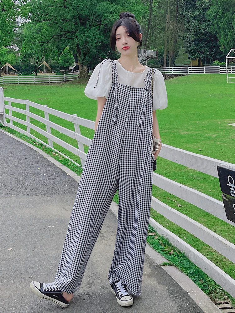 

2022 Summer Loose Plaid Overalls Wide Leg Strap Pants Women Vintage Streetwear Casual Korean Straight Suspender Trouser 6612