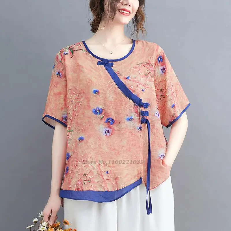 

2022 chinese retro improved blouse vintage flower print chiffon blouse women loose tops tea service cheongsam shirt tang suit