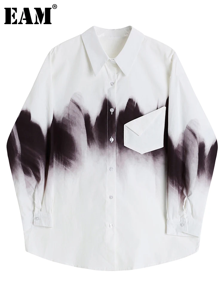 

[EAM] Women Gradual Color White Vintage Blouse New Lapel Long Sleeve Loose Fit Shirt Fashion Tide Spring Autumn 2022 1DE6488