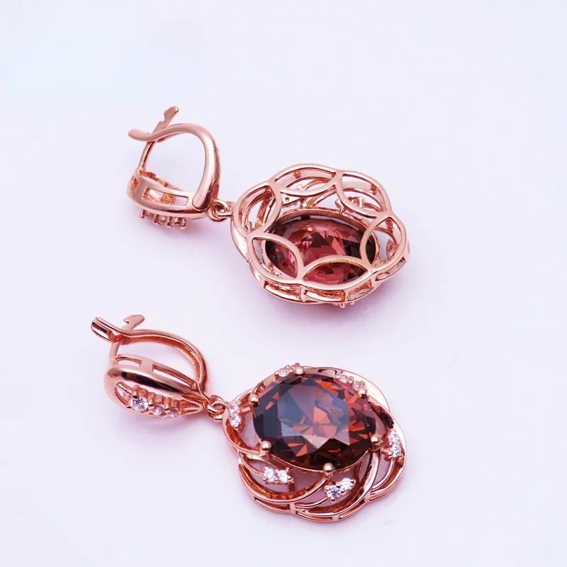 

Jewelry Real Gold Pure Russian 585 Purple Gold 14K Colored Gold Rose Gold Fashion Smoky Gemstone Inlaid Stone Earrings