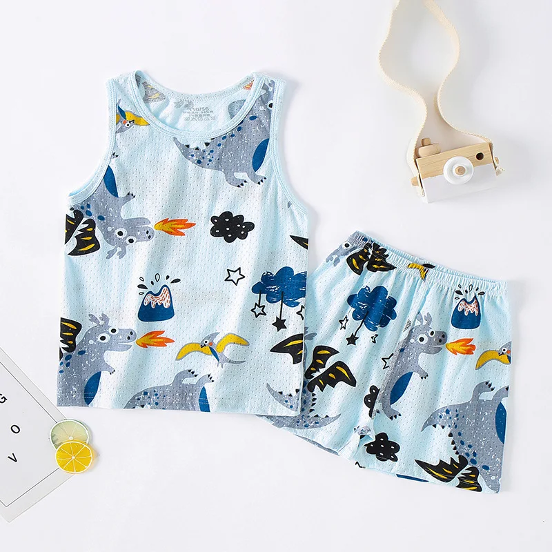 

Baby Boy Clothes Sleeveless Kids Pajamas Cartoon Cat Dinosaur Pyjamas 2pcs Children's Vest Sets Summer Toddler Girl Clothing