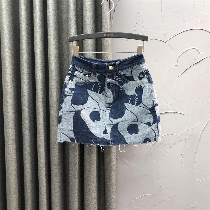 European Style High Waist Printed Denim Skirt for Women 2023 New Spring Summer Fashion Slimming A-line Loose Jeans Mini Skirts
