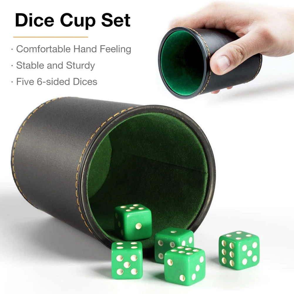 

High Quality Dice Cup Set With 5 6-sided Dices PU Leather Stable Sturdy Comfortable Hand Feeling Dice Cup Set For Table Game