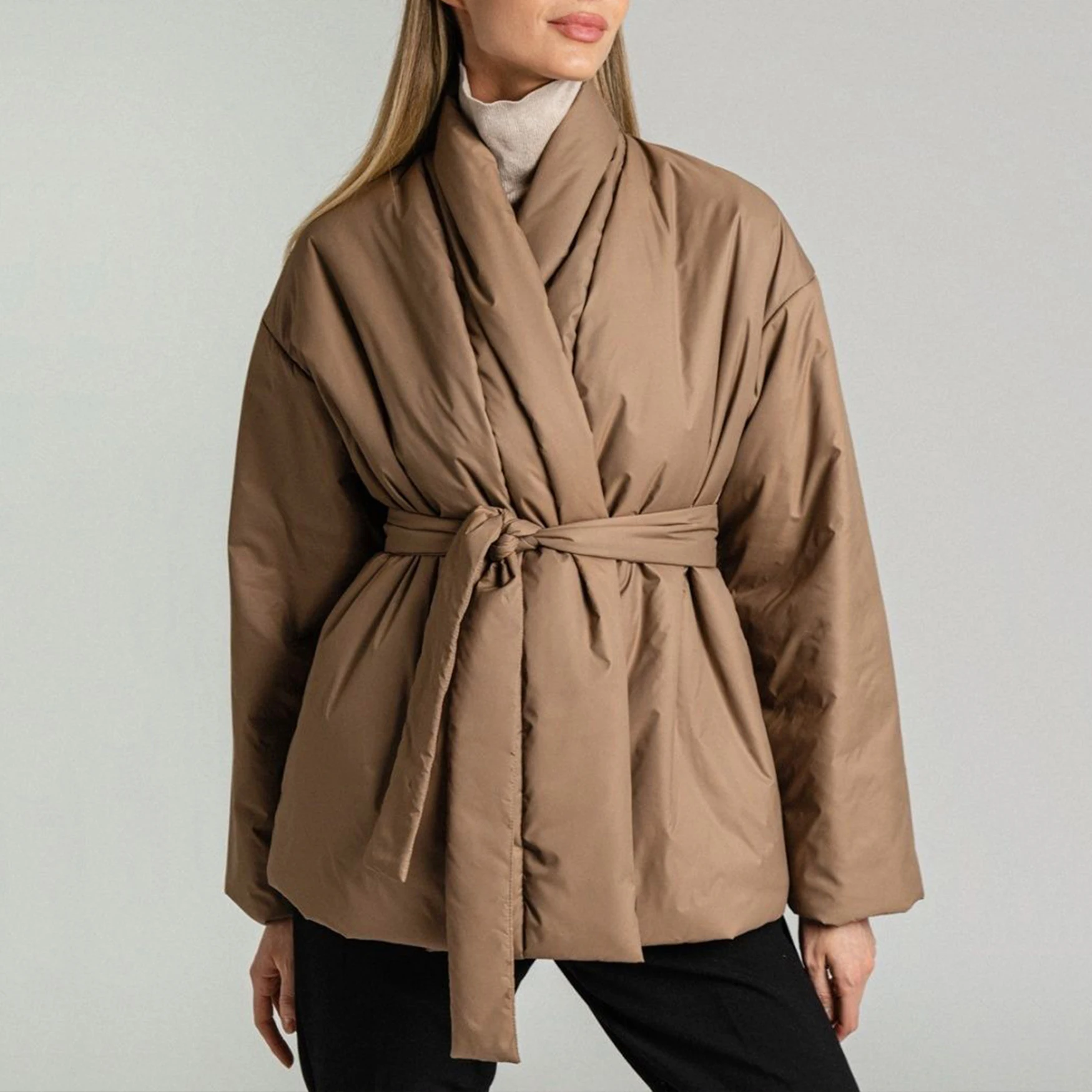 Winter Coat for Women 2022 Thick Warm Parkas Coat Ladies Lace Up Cotton Jacket Female Elegant Casual Office Solid Loose Outwear 