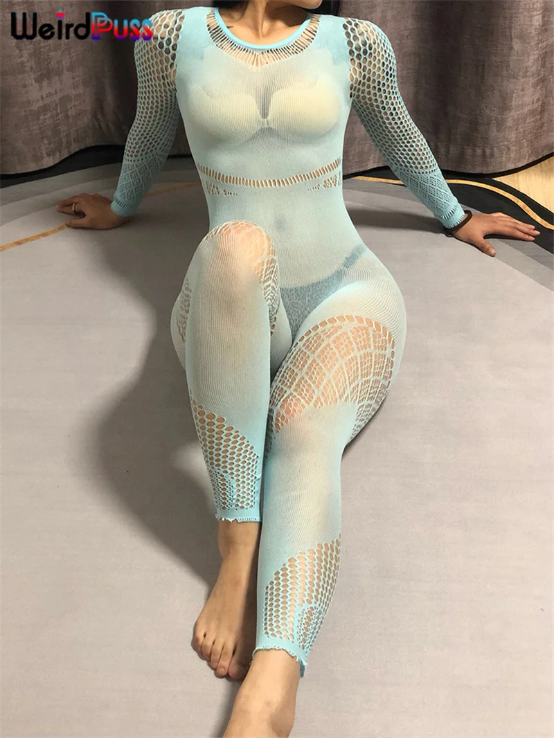

Weird Puss Women Sexy Sporty Jumpsuits Mesh See Through Coquette Skinny Elastic Long Sleeve Fitness Activity Workout Streetwear