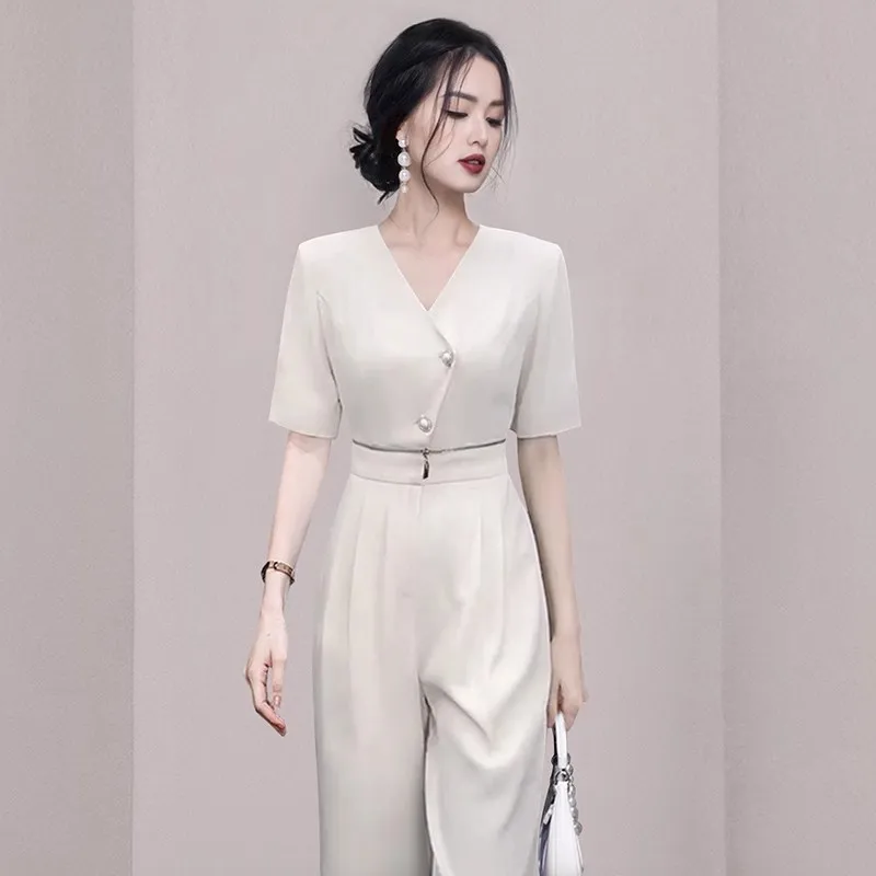 

Vintage Fashion V-Neck Rompers For Women Casual Short Sleeve Zipper Splice High Waist Wide Leg Playsuits Female OL Jumpsuit