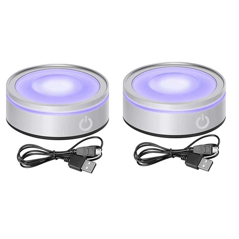 

2X LED Light Base With Sensitive Touch Round Colorful Stand Display For 3D Crystal Glass Art Photo Frame Silver Concave
