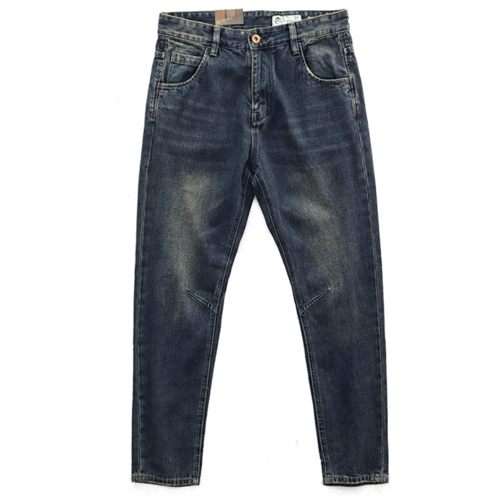 Retro American denim trousers men's Ami Kaji sand wash old slim small straight washed jeans.