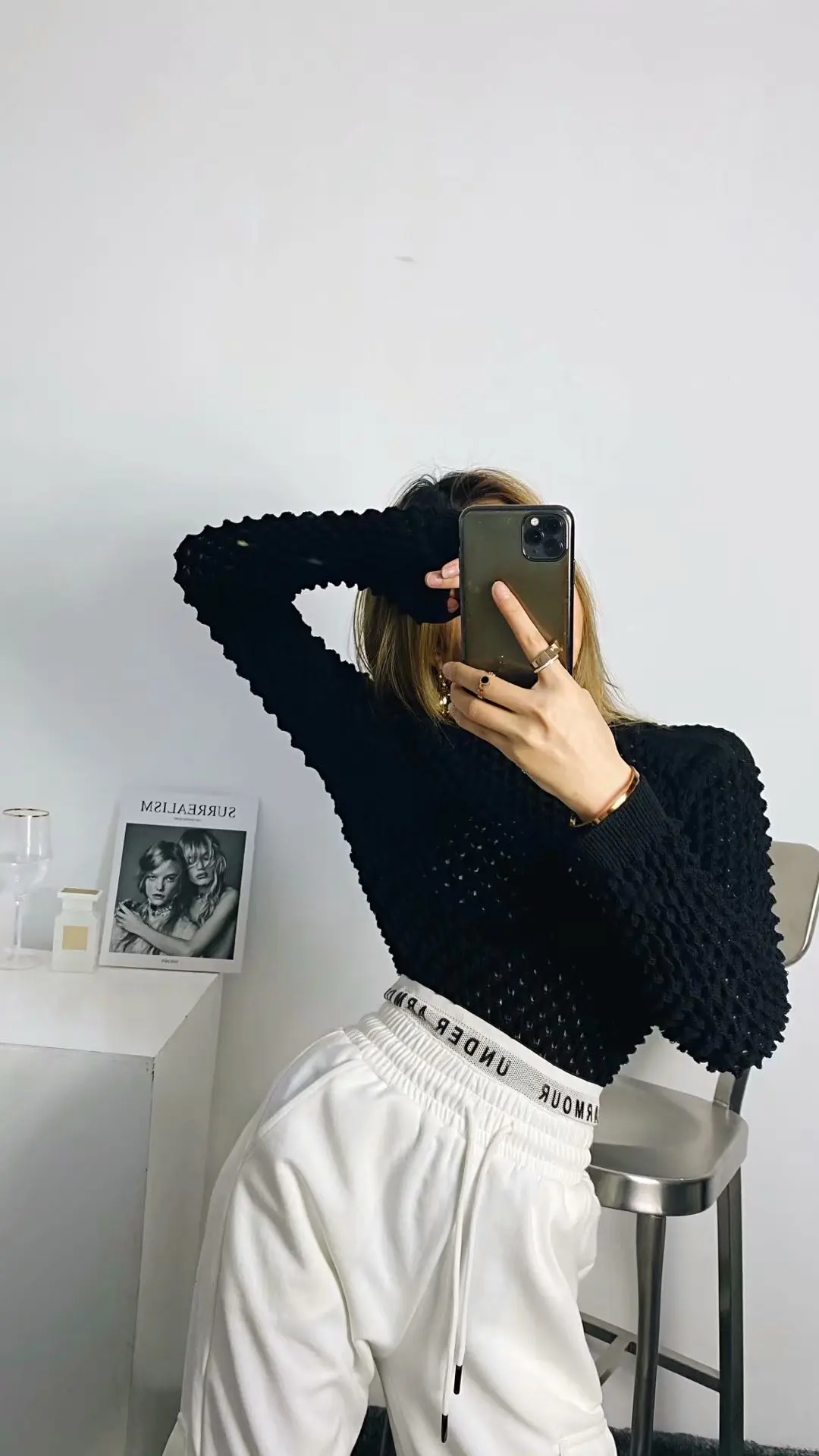 

2023 New Women Knitted Elastic Slim knit shirt Long Sleeve Vintage O-Neck Midi Sexy 3D hollowed out crochet knit shirt
