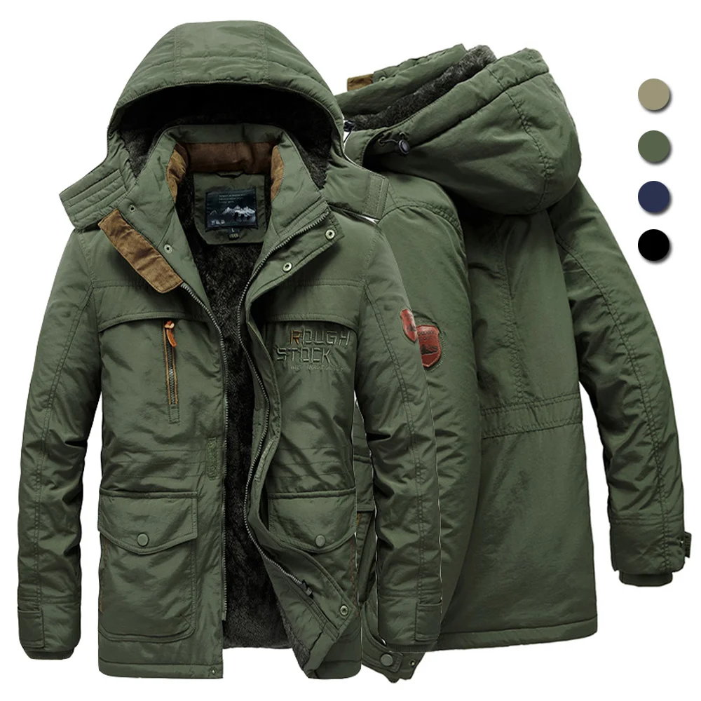 

Men's Winter Jacket Fleece Linning Outdoor Parka Coat Hooded Windbreaker Military Thick Warm Outerwear Big Size 6XL Multi-pocket