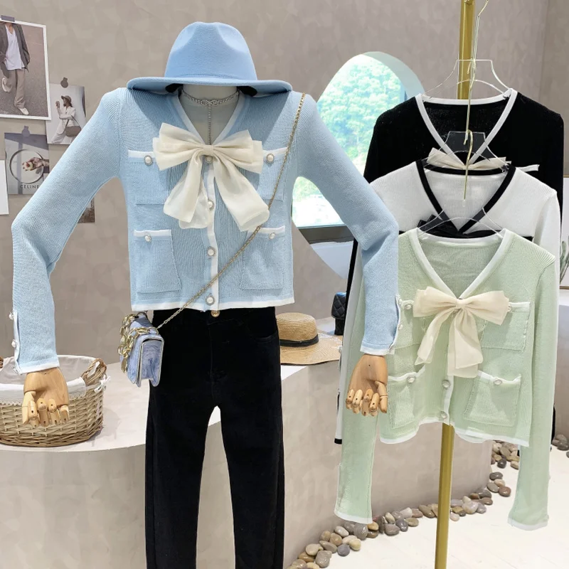 

Slim V Bow Elegant Blue Cardigans Fashion Korean Gentle Long Sleeve 2022 White Women Sweaters Autumn Knitted Jacket Thin