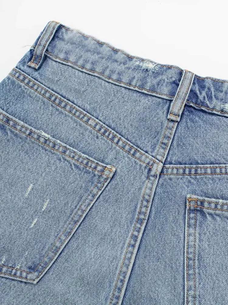 PAILETE Women 2023 fashion turn-up hems faded denim bermuda shorts vintage mid-rise zipper fly female jeans mujer