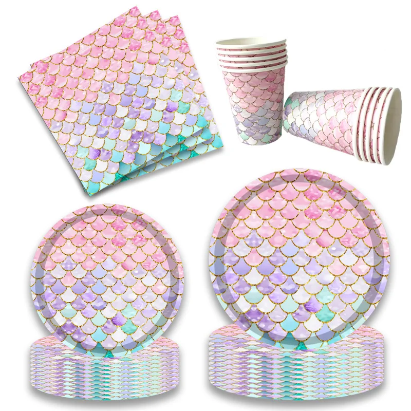 

Mermaid Theme Party Disposable Tableware Set Paper Plate Water Cup Girl Under the sea Birthday Decoration Supplies Baby Shower