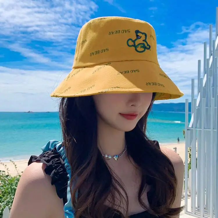 

Cotton Bucket Hats for Women and Men Fashion Bear Embroidery Fisherman Hat Girls Boys Panama Caps Summer Sun Cap New Hot