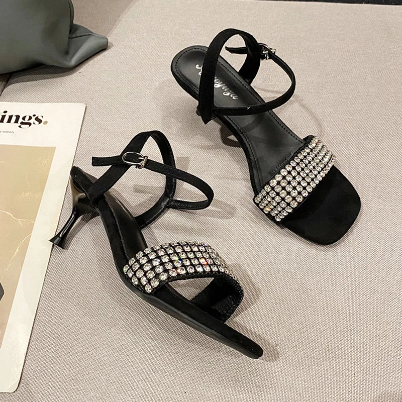 

Sandals Stiletto Heels 2022 Summer Clear Shoes Buckle Strap Suit Female Beige Rhinestone High Comfort Girls New Black Sexy