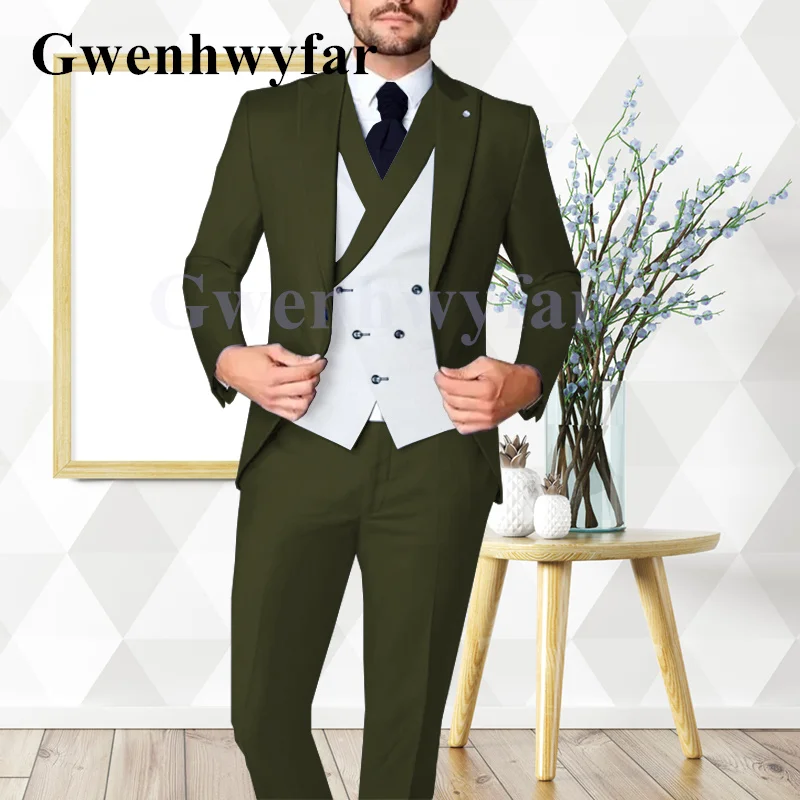 

Gwenhwyfar 2022 New Style Handsome Men's Peak Lapels Army Green Suit Jacket Fashion Wedding Bridegroom Party 3-piece Tuxedo