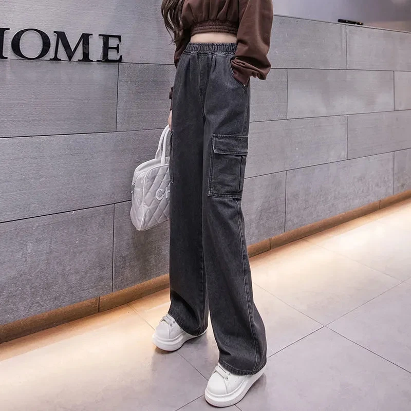 

Женские джинсы, брюки-карго, женские черные джинсовые брюки, эластичные синие широкие джинсы с высокой талией, универсальные повседневные мешковатые брюки с карманами