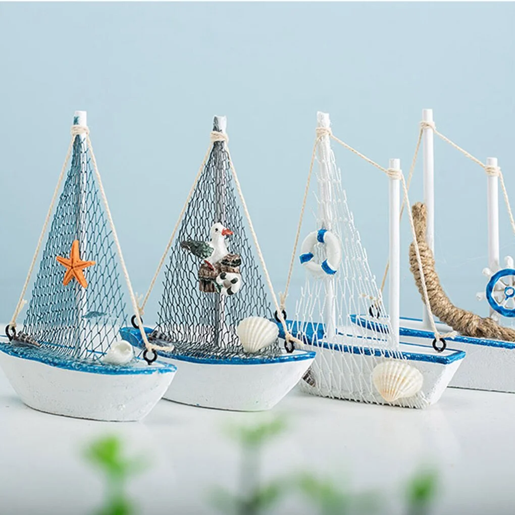 

1pc Mini Mediterranean Style Marine Nautical Wooden Blue Sailing Boat Ship Wood Crafts Ornaments Party Room Home Decoration