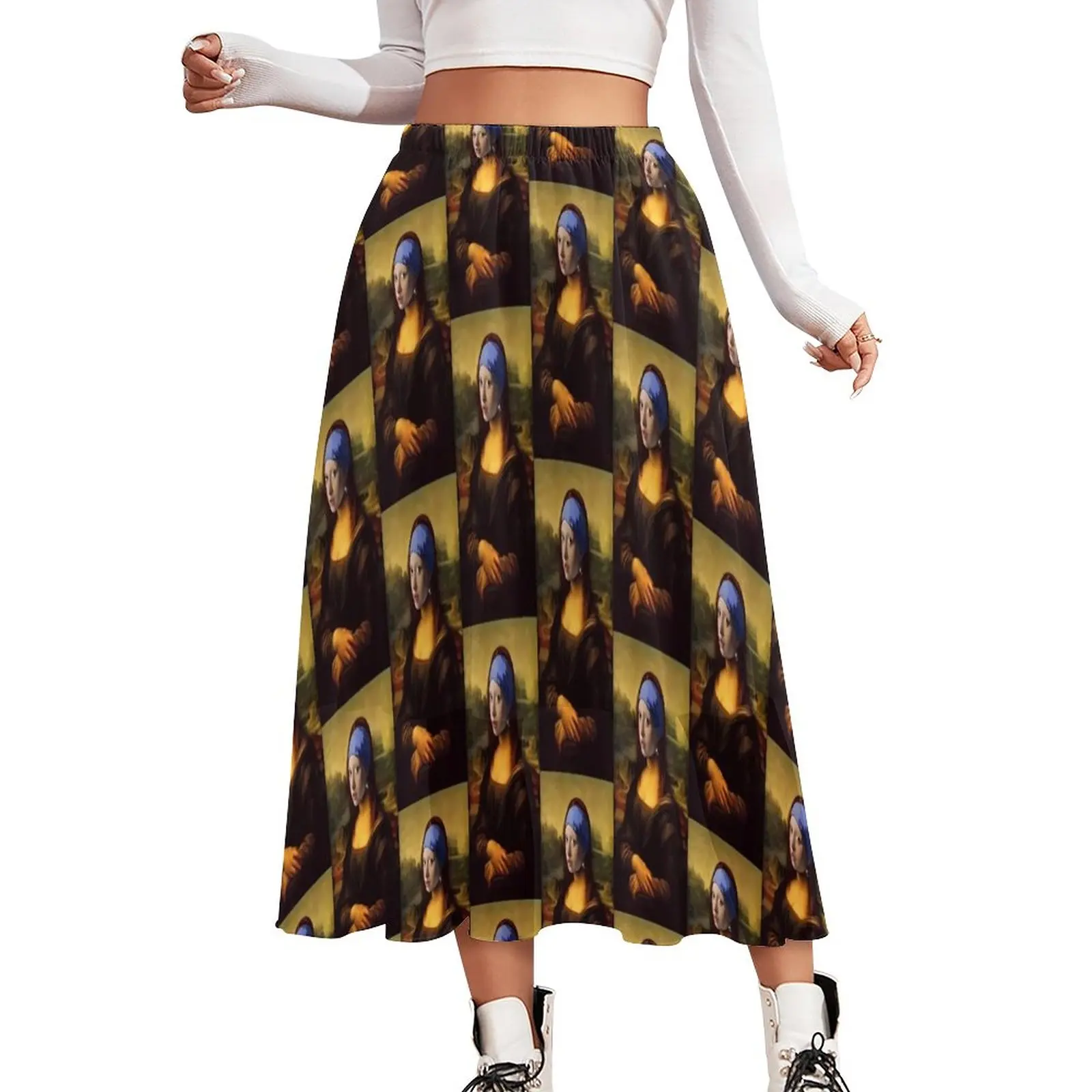 

Mona Lisa with A Pearl Earring Skirt Funny Cute Boho Skirts Summer Y2K Elastic Waist Chiffon Graphic Oversized A-line Skirt