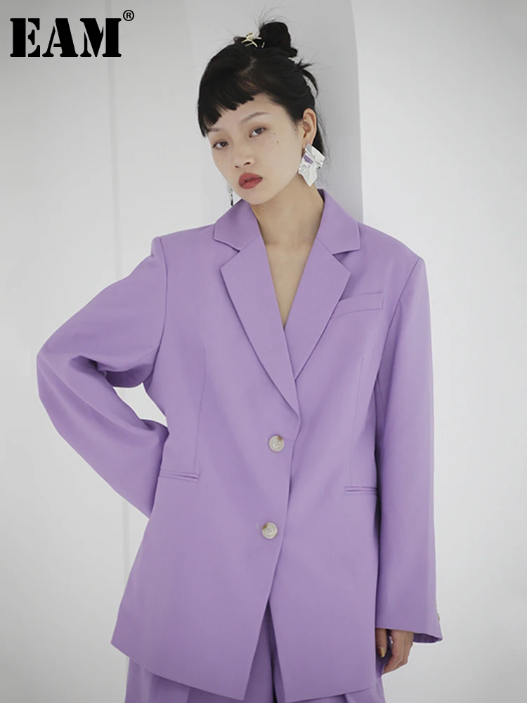 

[EAM] Women Purple Brief Temperament Big Size Blazer New Lapel Long Sleeve Loose Fit Jacket Fashion Spring Autumn 2023 1S713