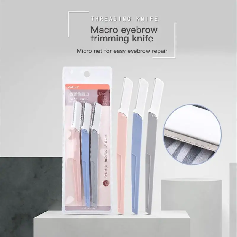 

3 Pack Eyebrow Trimmer Knife With Protective Net Stainless Steel Non-slip Handle Eyebrow Repair Pocket Knife Beauty Makeup Tools