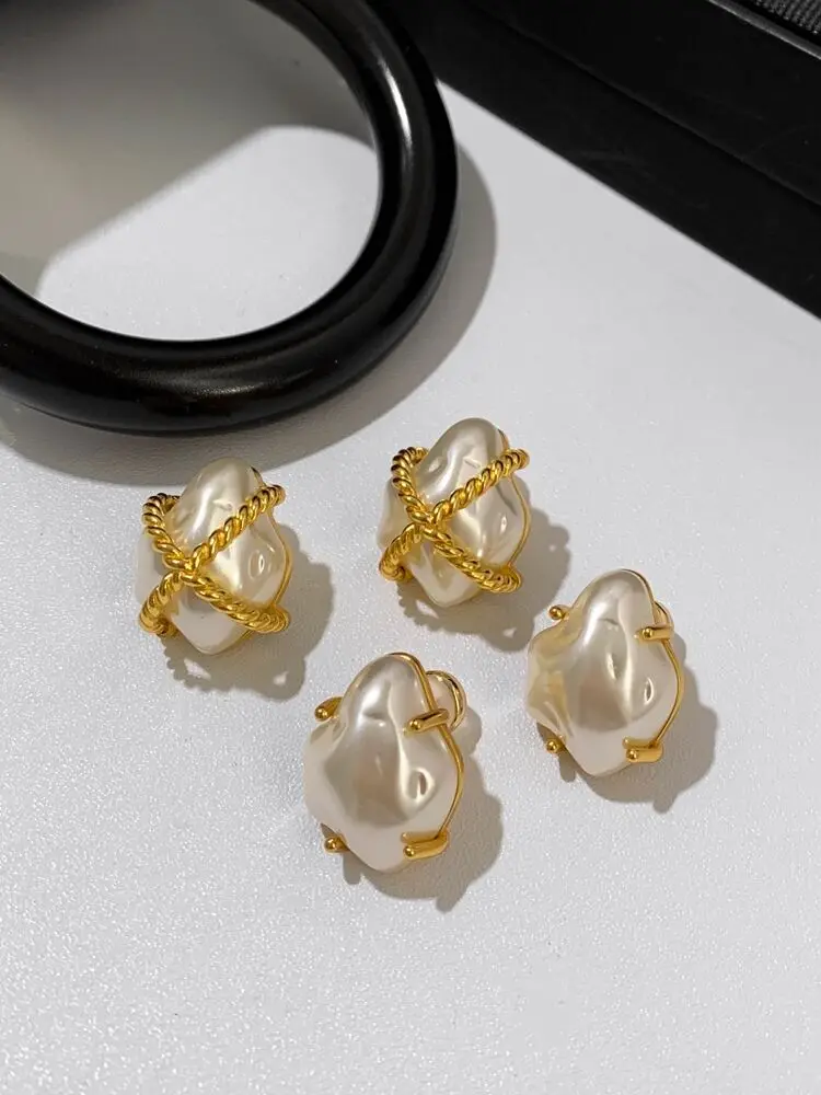 

Brass Faux Pearl Irregular Earrings Women Jewelry Punk Designer Runway Rare Simply Gown Boho Japan Korean
