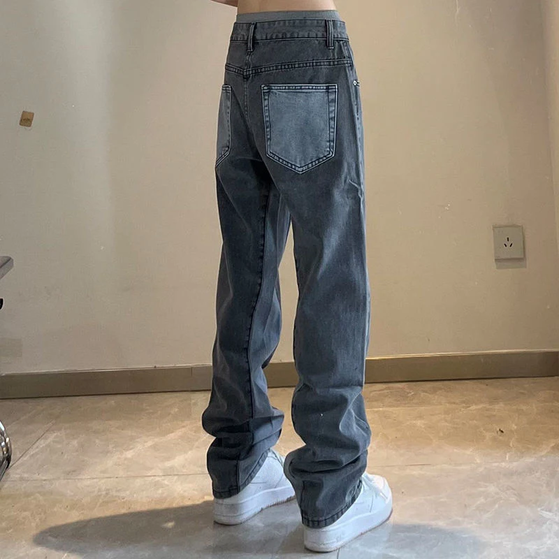 Retro Washed And Old Smoke Gray Stitching Jeans Slim Straight Casual Trousers Men And Women Spring New mens jeans