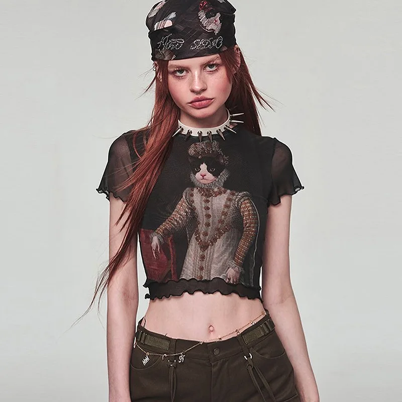 

Vintage Cat Print Y2k Crop Tops Tees Women Graphic See Through Short Sleeve Mesh T-shirt Dark Goth Style Aesthetic Clothes