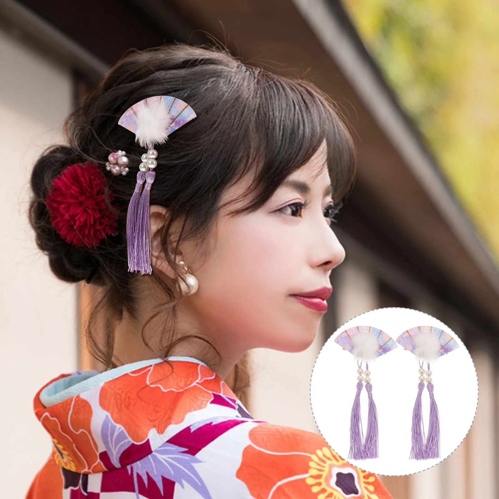 

2pcs Handmade Fan Hairpin Women Cherry Blossom Hair Clip Cheongsam Hair Accessories (Purple)