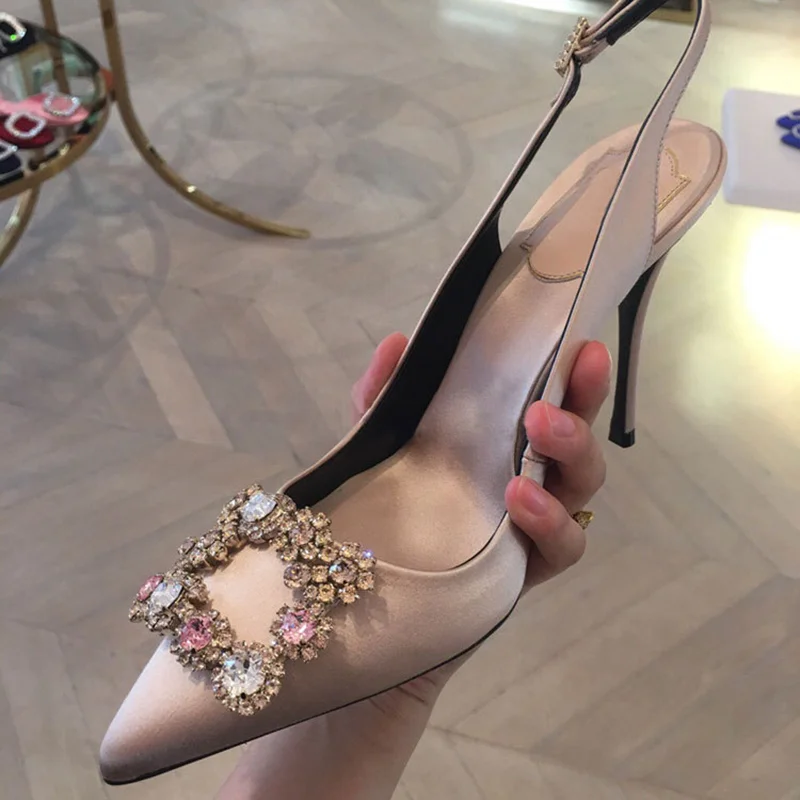 

Women's Sandals Spring and Autumn New High Heel Banquet Fashion Rhinestone Square Buckle Pointed Shallow Mouth Back Single Shoes