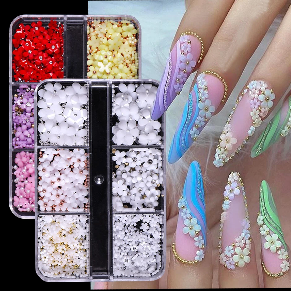

6 Grids 3D White Acrylic Flower Nail Parts Mixed Steel Beads Charms Design Nail Art Decoration DIY Jewelry Accessory