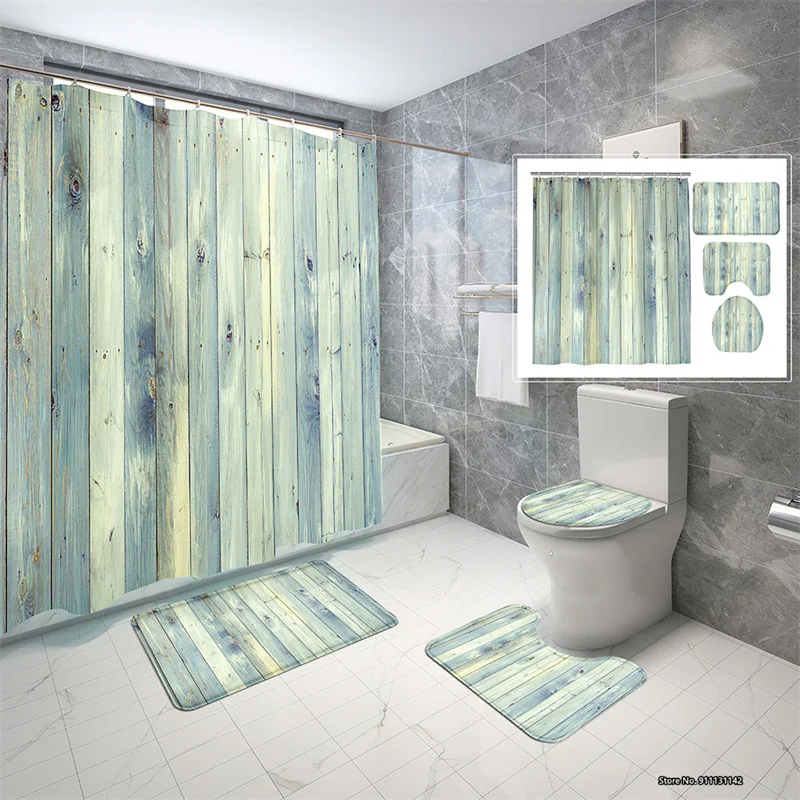 

Retro Wooden Panel Pattern Shower Curtain 4-piece Set of Waterproof Polyester Shower Curtain Non-slip Bath Mat Toilet Mat