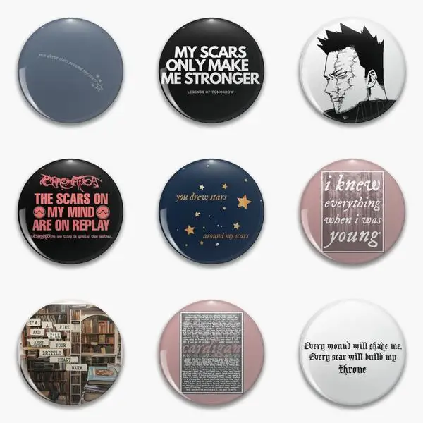 Значок на булавке с мягкой пуговицей заказ кардиган надписью My Scars Сара Лэнс