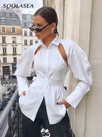 soolasea new fashion casual high wasit women spring summer long sleeve blouses howllow out bandage shirt women tops with belt