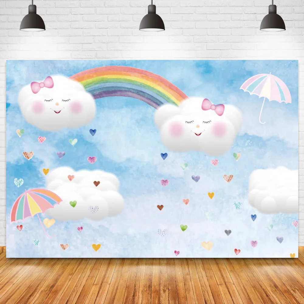 

Небесно-голубой, белый, облака, радуга, детский душ, фото фон, торт, разбивной стол, детский день рождения, Виниловый фон