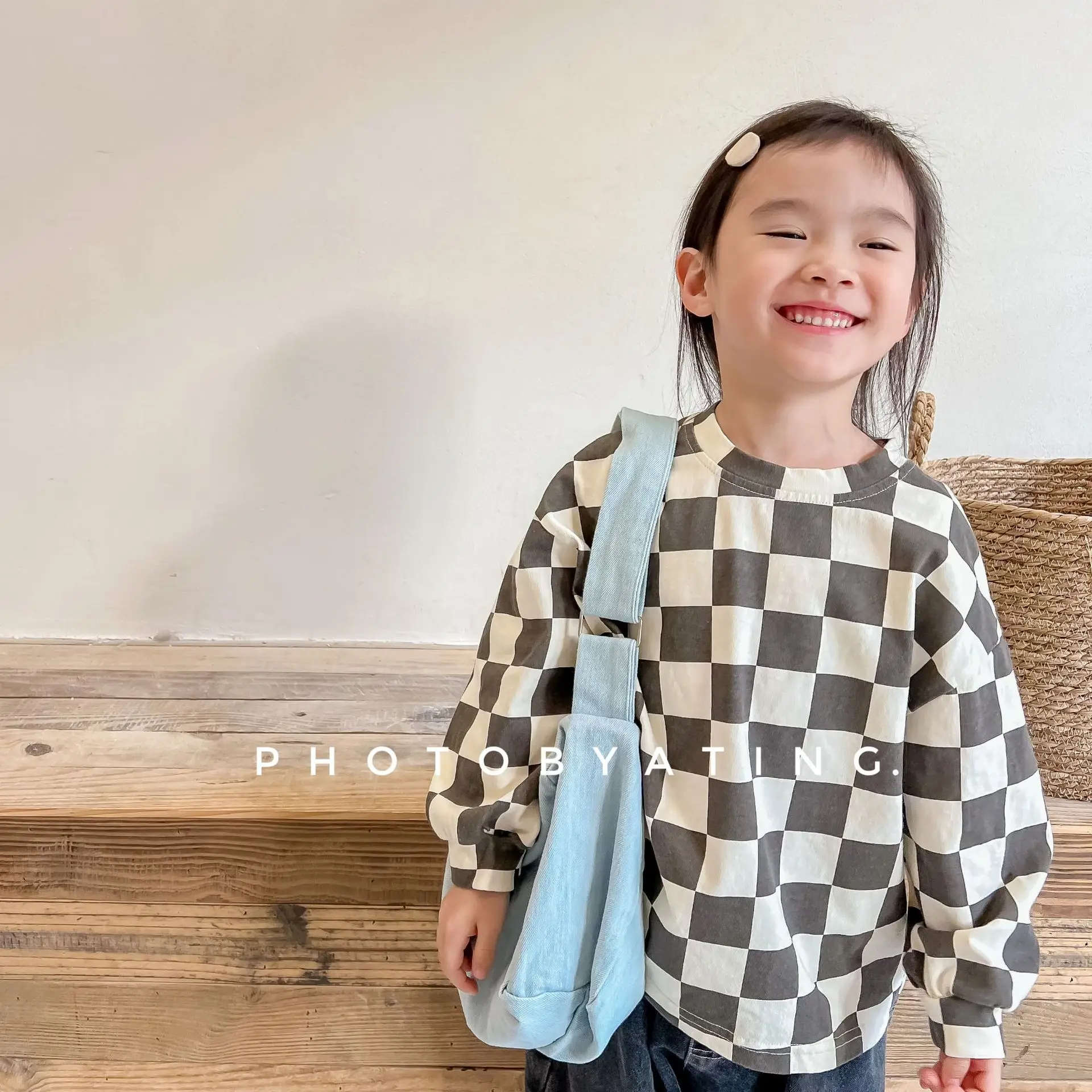 

2022 Spring Unisex Kids Plaid Loose T-shirts Long Sleeve Tees Korean Style Children Casual Tops