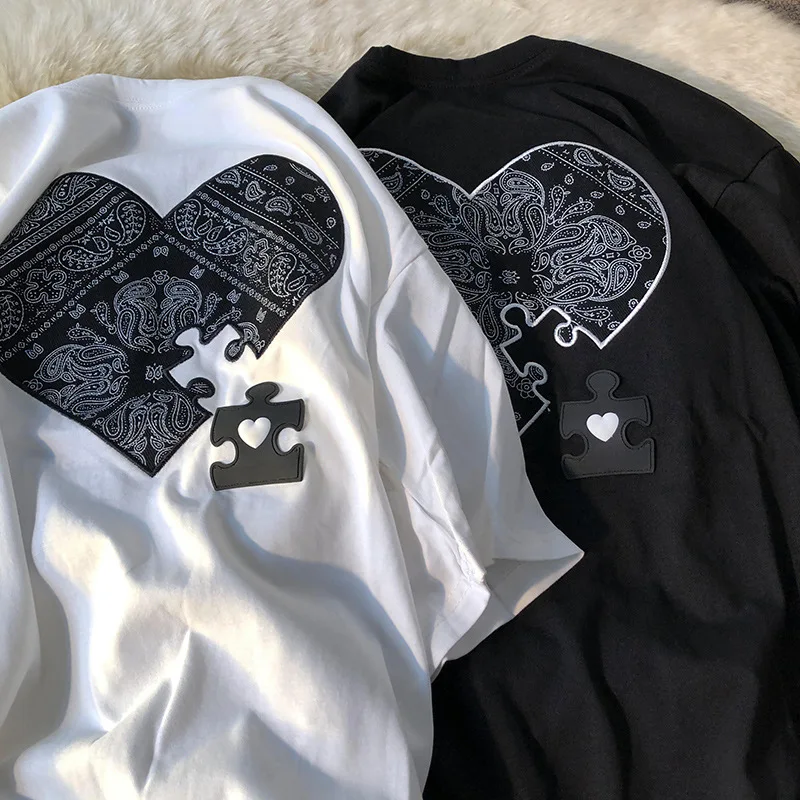 

Cotton 2022 Summer T Shirt Women's Heart Puzzle O Neck T Shirt Women Loose T Shirt Women Oversized T Shirt Top Short Sleeve