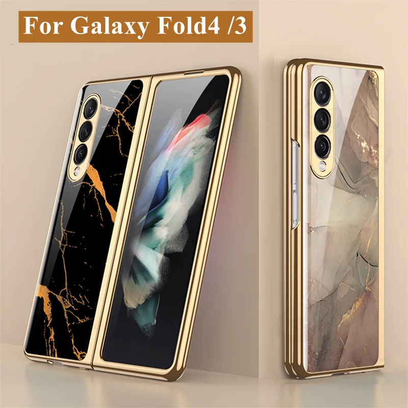 Luxury Tempered Glass Case for Samsung Galaxy Z Fold 5 4 Fold 3 5G Case Plating Plastic Frame Hard Cover for Z Fold4 Fold3