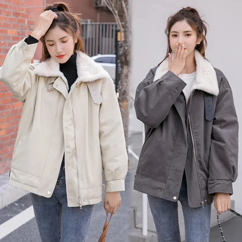 

New Womens Imitation Rabbit Fur Cotton Clothing Autumn Winter Plus Velvet Warm Quilted Jacket Female Cold Tooling Outerwear Grey