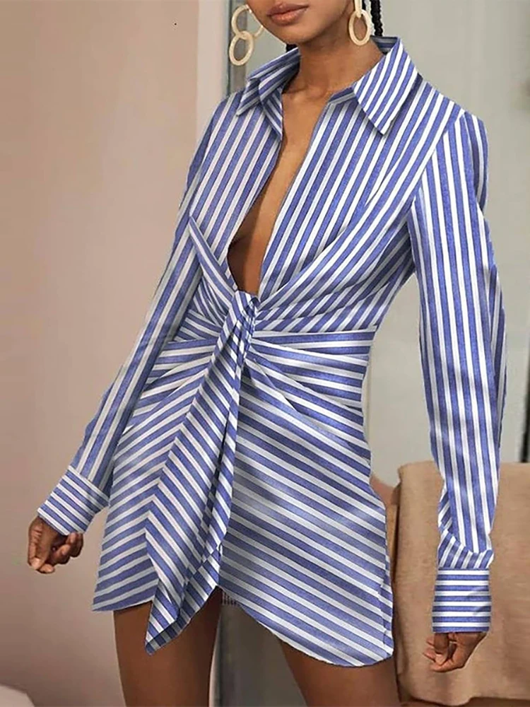 

Turn Down Collar Sexy Hollow Out Beach Dress Female Blue Stripe Print Long Sleeve Dress Elegant Women Slim Fit Mini Folds Dress