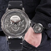 retro mens quartz watch fashion punk style skull dial design leather strap auto date cool skeleton dial gifts for man 2022 kl02