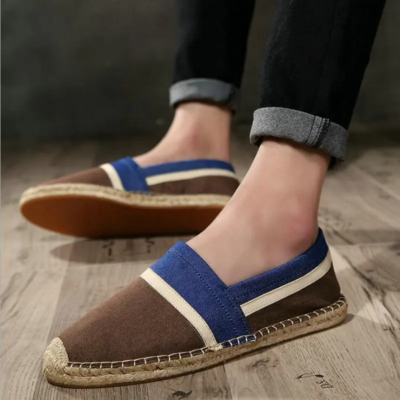 

Fashion Heels Men Flats Plimsolls Striped Canvas Boys Casual Linen Shoes Men hemp Shoes Male Espadrille Fisherman Shoes 2021