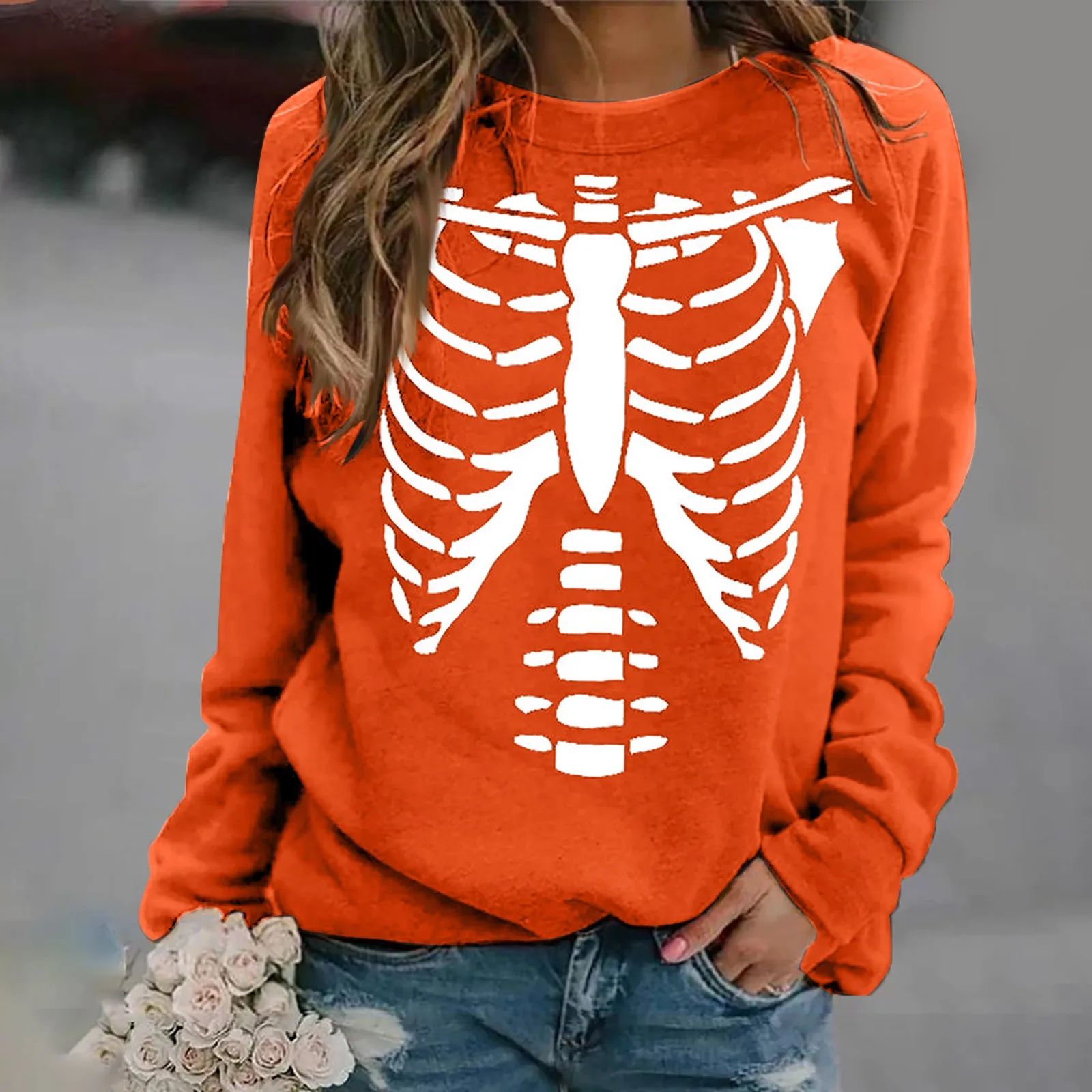 

Women Sweatshirt Skeleton Print Shirt Loose Pullover Top Blouse Tee Round Neck Long Sleeve Light Sweatshirts Halloween Decor