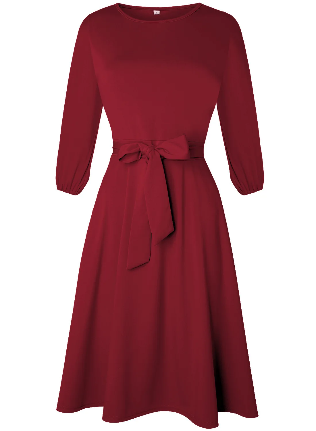 

Fall Soild A-Line Half Sleeve Pocket Casual Dress 2023 Women New Vintage Elegant O-Neck Sashes Lantern Sleeve Knee-Length Dress