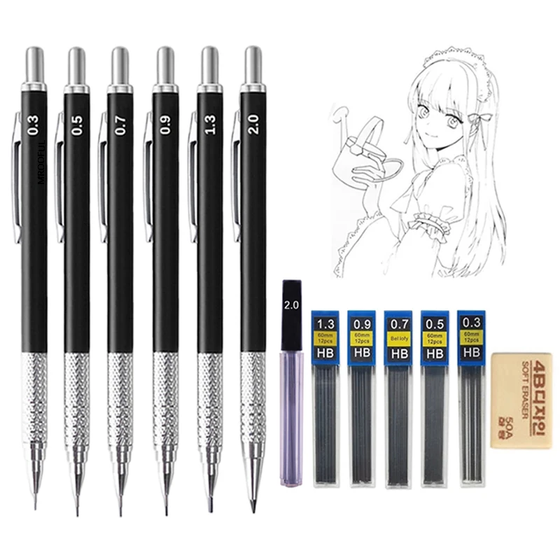 

Полностью черные металлические механические карандаши, набор HB выводов 0,3 0,5 0,7 0,9 1,3 2,0 мм, Выдвижной карандаш для эскизов с ластиком, школьные принадлежности