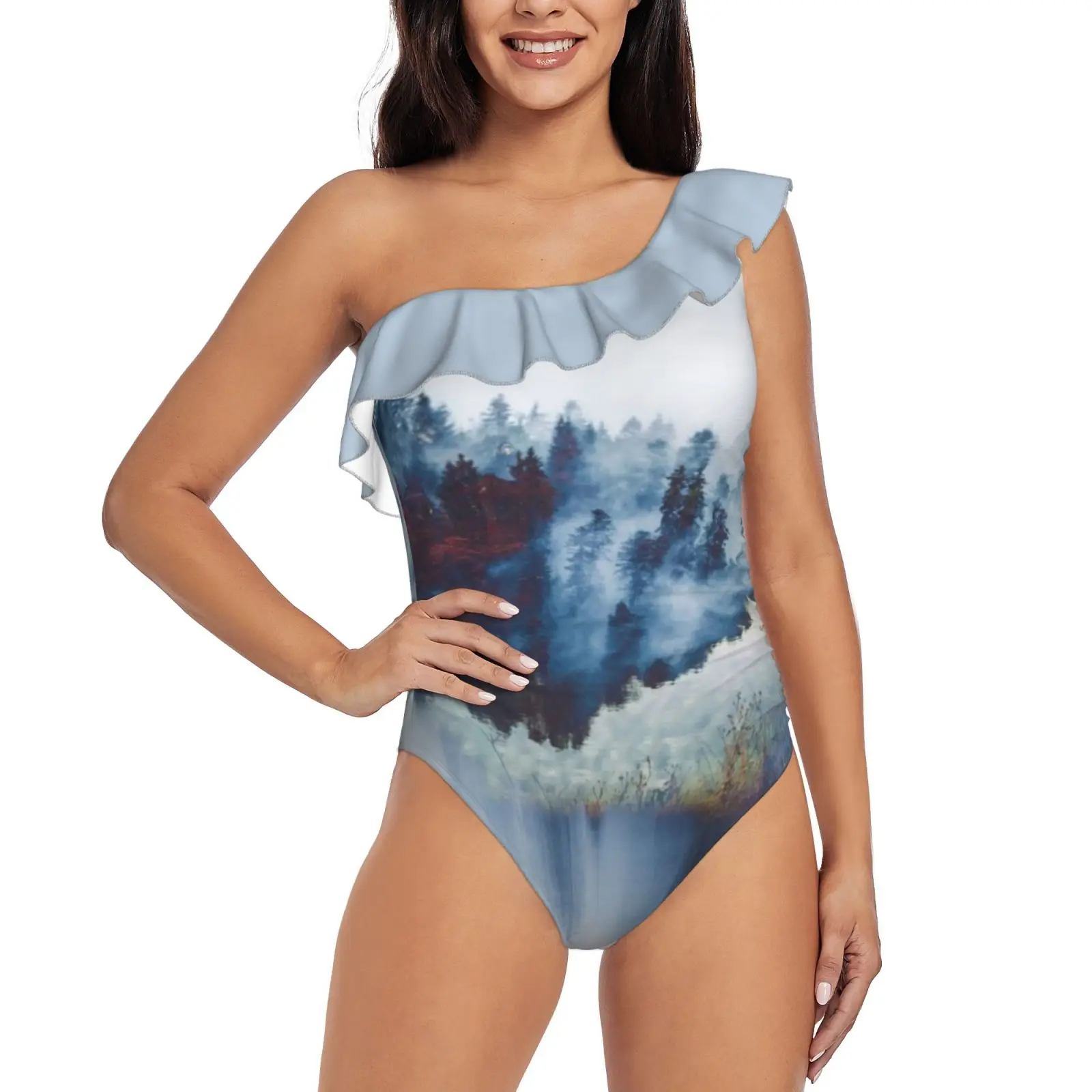 Fog One Shoulder Ruffle Swimsuits Piece Swimsuit Women Swimwear Beach Bathing Wear Landscape Foggy Lake Clear Snow Tree